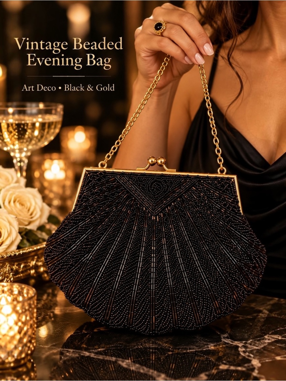 La Regale Vintage Black Beaded Evening Bag Gold Chain Kiss Lock Clutch